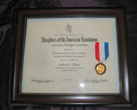 Photo of the Historic Preservation Medal and Certificate that was presented to Robert Ellison, by the National Society of the DAR